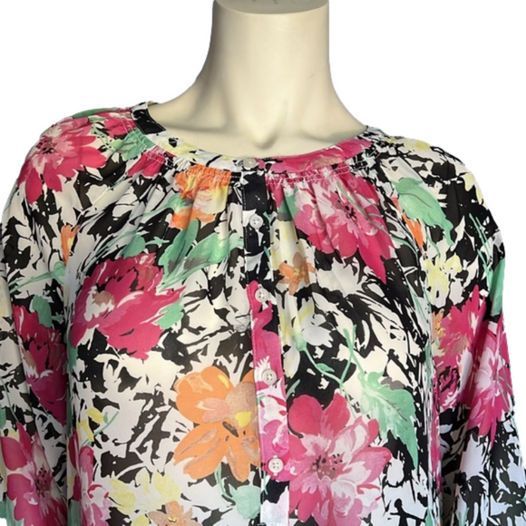 Lauren Ralph Lauren Floral Round Neck Sheer 3/4 Sleeves Shirt Blouse. Size L. - Picture 2 of 5